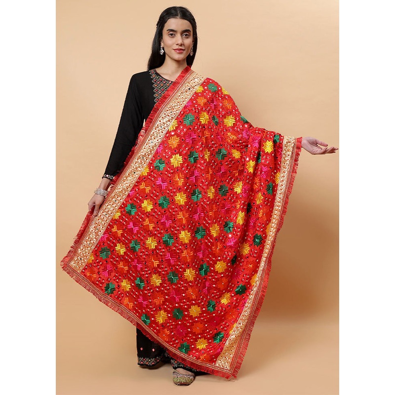 Red Chinon Phulkari Work Dupatta - JD986598086
