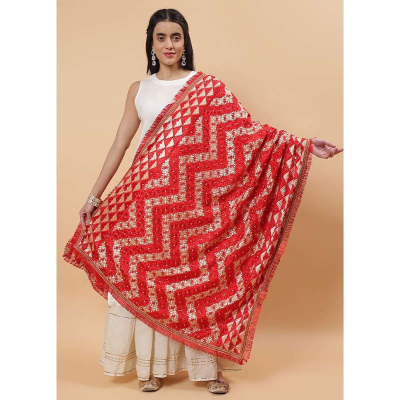 Red Chinon Phulkari Work Dupatta - JD986598087
