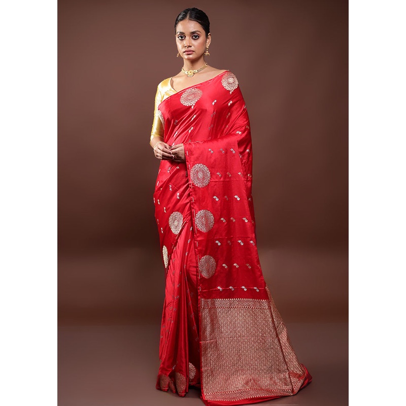 Red Dupion Silk Saree With Blouse Piece - JD986597992