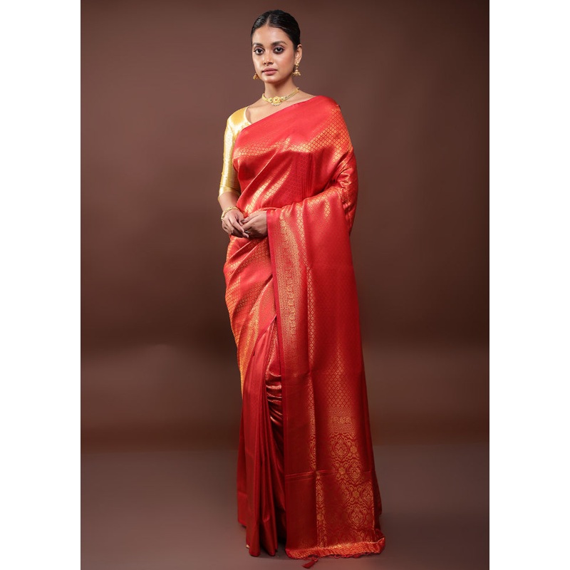 Red Dupion Silk Saree With Blouse Piece - JD986597993