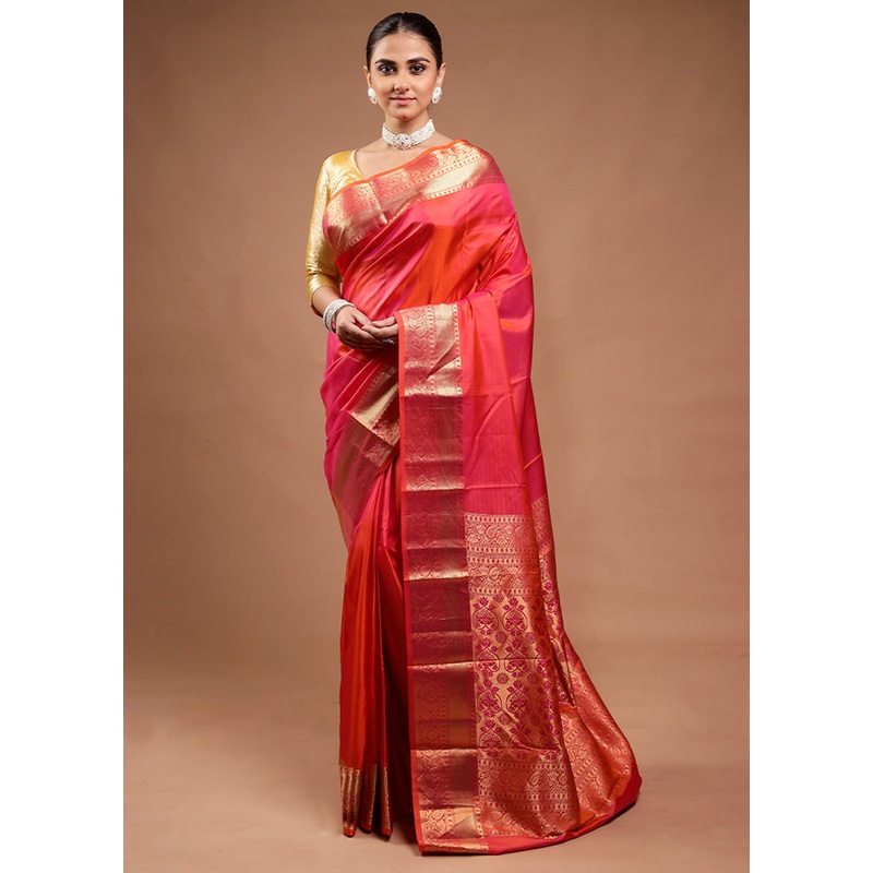 Red Handloom Kanjivaram Pure Silk Saree With Blouse Piece - JD986598128
