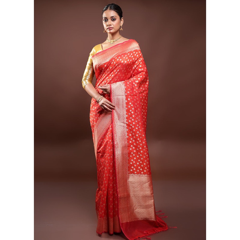 Red Kora Silk Saree With Blouse Piece - JD986597991