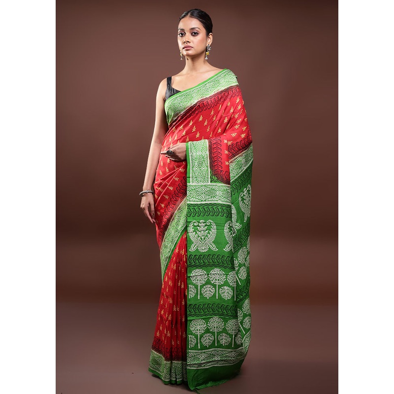 Red Printed Pure Silk Saree Without Blouse Piece - JD986597990
