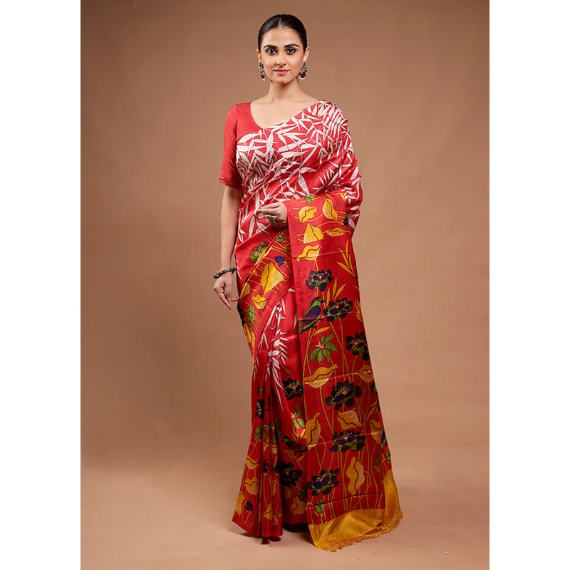 Red Printed Pure Silk Saree Without Blouse Piece - JD986598124