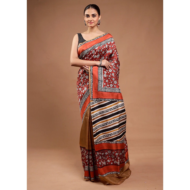 Red Printed Pure Silk Saree Without Blouse Piece - JD986598125