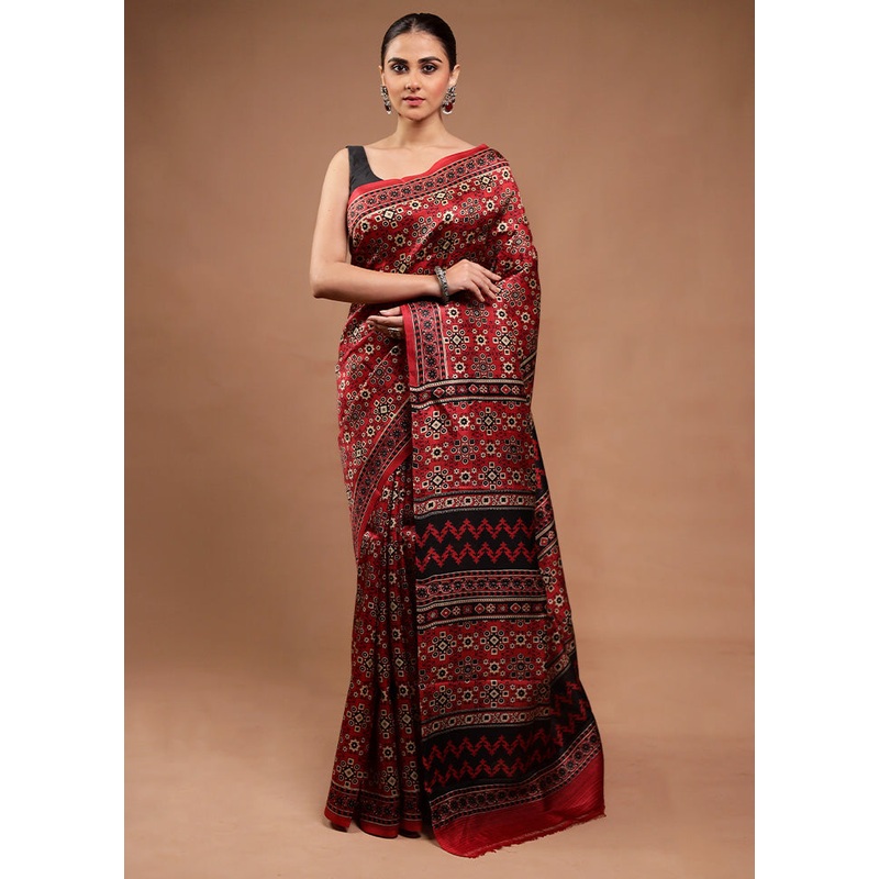 Red Printed Pure Silk Saree Without Blouse Piece - JD986598126