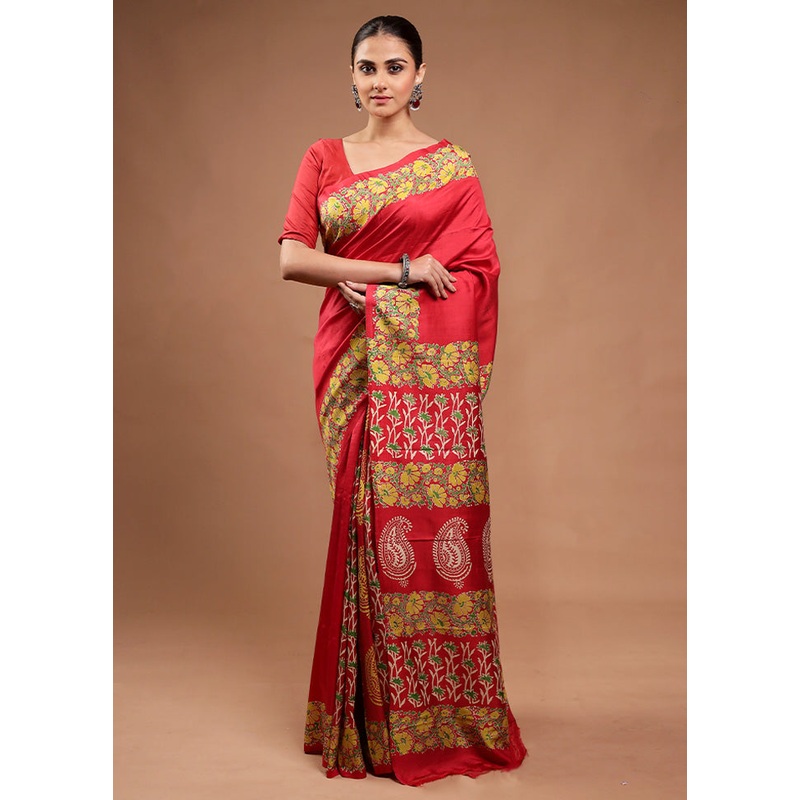 Red Pure Bishnupuri Silk Saree Without Blouse Piece - JD986598123