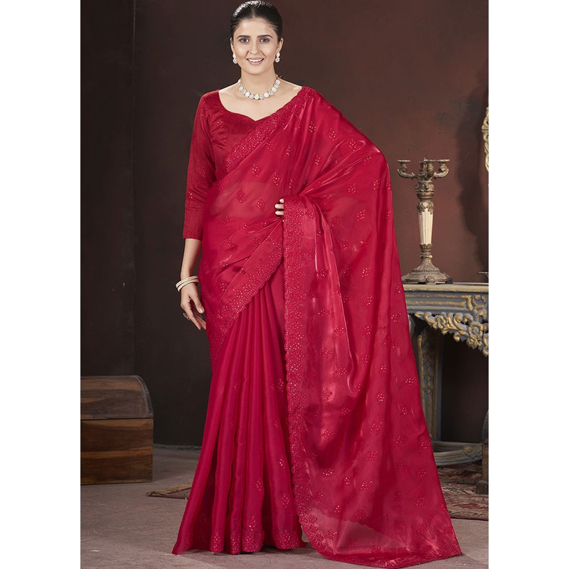 Red Spun Silk Saree With Blouse Piece - JD986597968