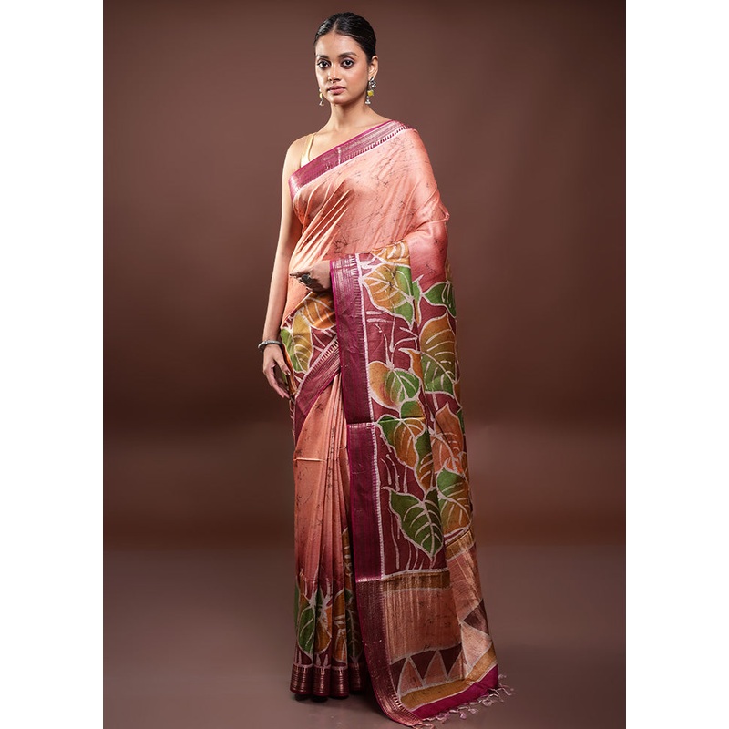 Rust Printed Pure Silk Saree Without Blouse Piece - JD986597989