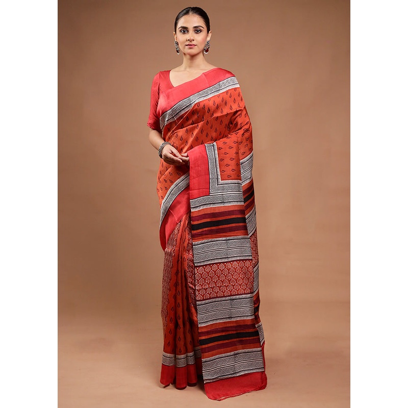 Rust Printed Pure Silk Saree Without Blouse Piece - JD986598122