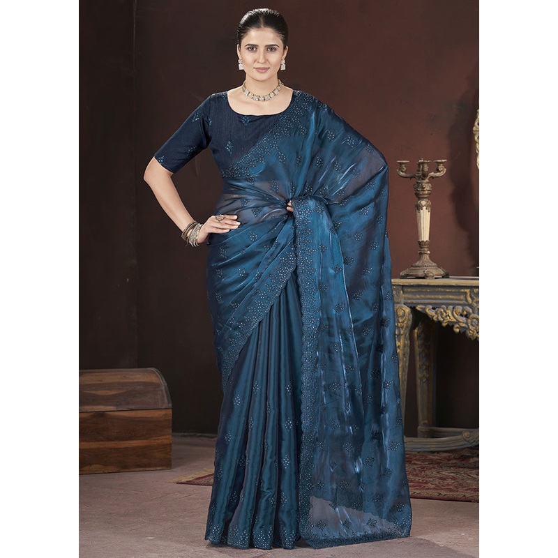 Teal Blue Spun Silk Saree With Blouse Piece - JD986597967