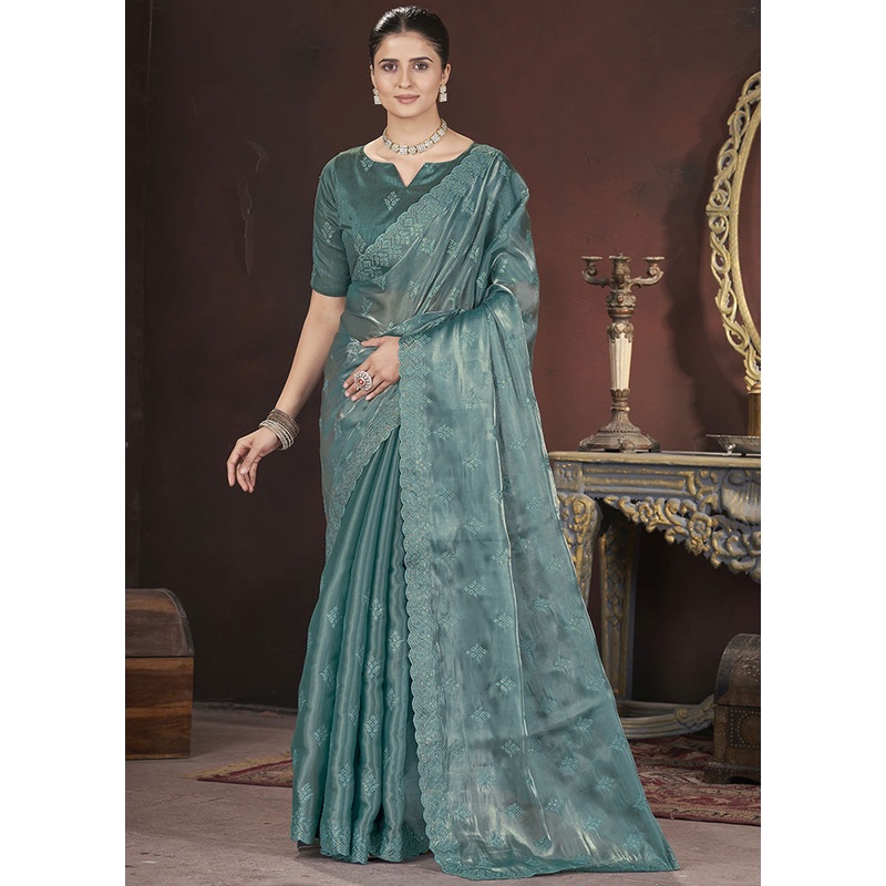 Teal Spun Silk Saree With Blouse Piece - JD986597966