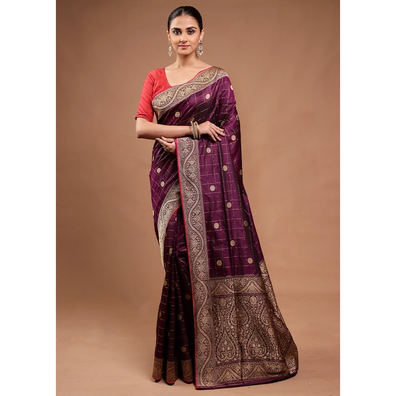 Wine Handloom Katan Pure Silk Saree With Blouse Piece - JD986598119