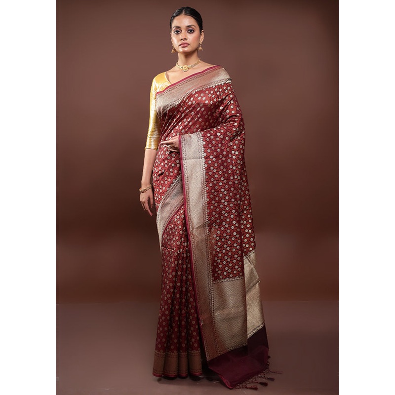 Wine  Kora Silk Saree With Blouse Piece - JD986597987