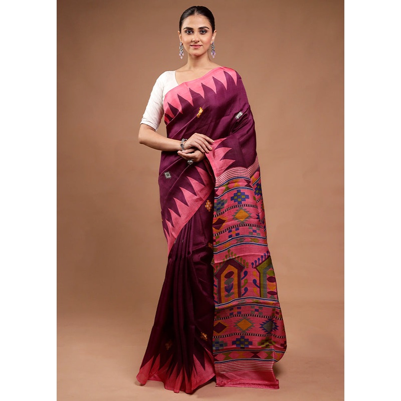 Wine Printed Pure Silk Saree Without Blouse Piece - JD986598118