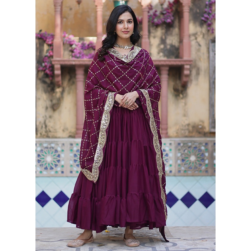 Wine Readymade Georgette Dupatta Indian Dress - JD986597950