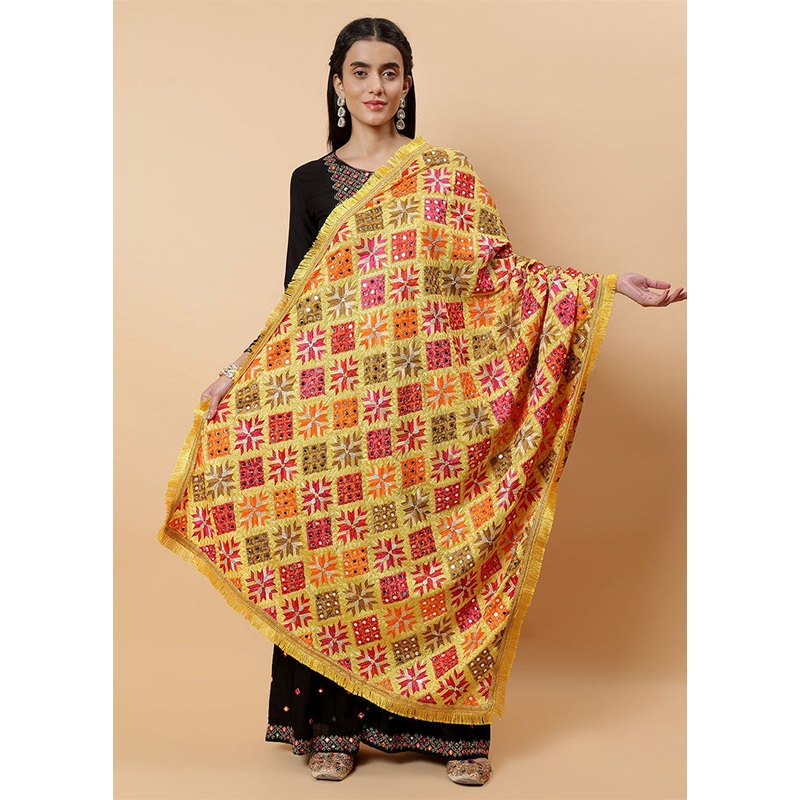 Yellow Chinon Phulkari Work Dupatta - JD986598078