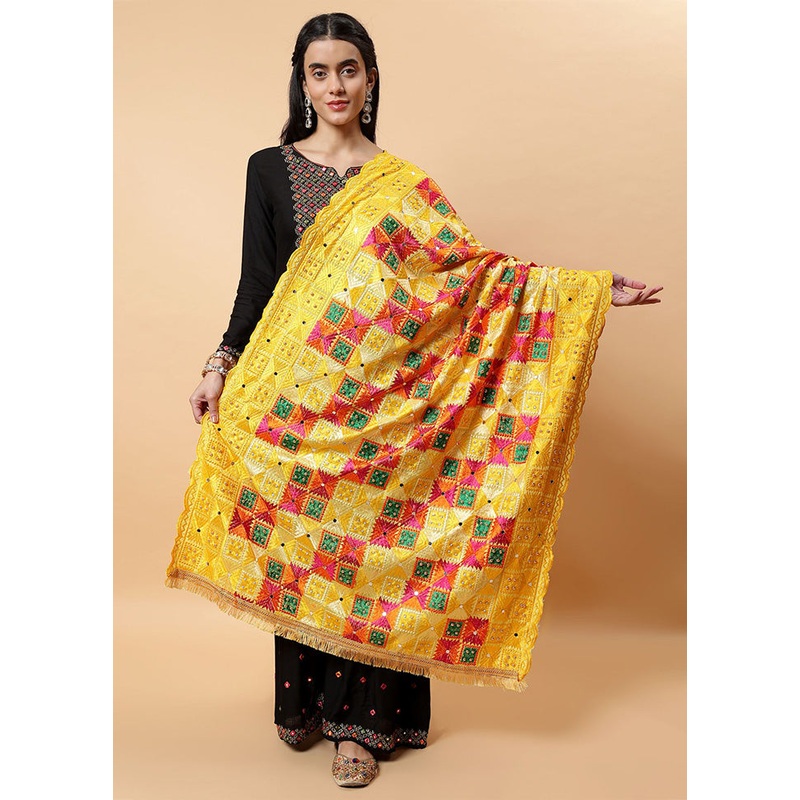Yellow Chinon Phulkari Work Dupatta - JD986598079