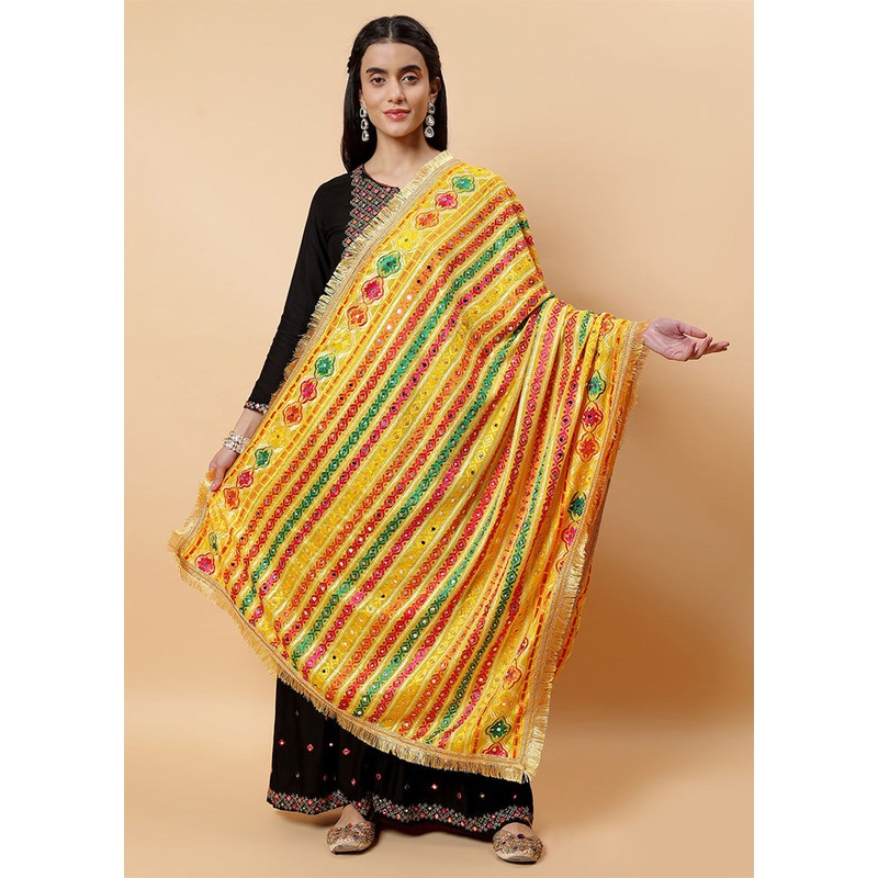Yellow Chinon Phulkari Work Dupatta - JD986598080