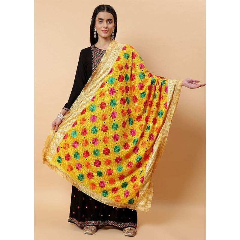 Yellow Chinon Phulkari Work Dupatta - JD986598081