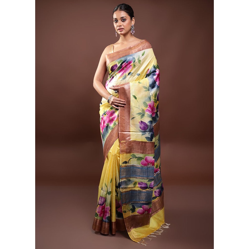Yellow Handloom Tussar Pure Silk Saree With Blouse Piece - JD986597985