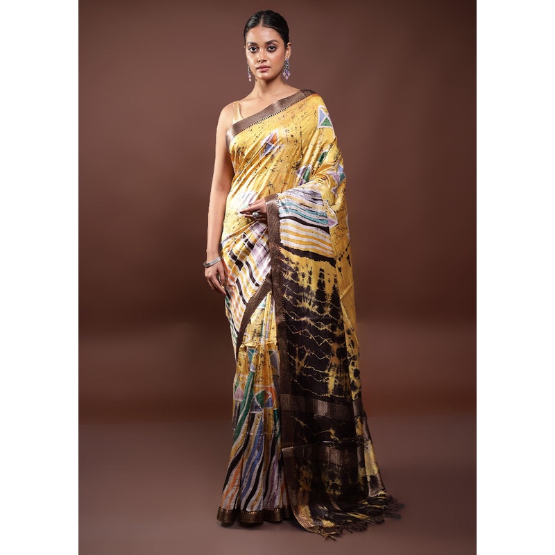 Yellow Handloom Tussar Pure Silk Saree With Blouse Piece - JD986597986