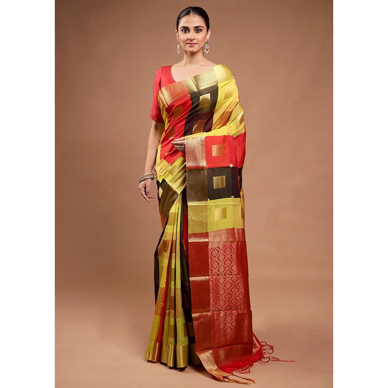 Yellow Kanjivaram Silk Saree With Blouse Piece - JD986598114