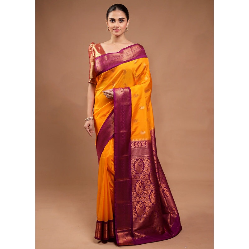 Yellow Kanjivaram Silk Saree With Blouse Piece - JD986598115