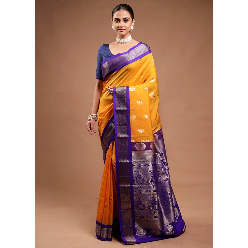 Yellow Kanjivaram Silk Saree With Blouse Piece - JD986598116