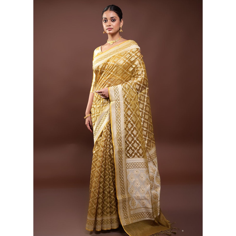Yellow Kora Silk Saree With Blouse Piece - JD986597983