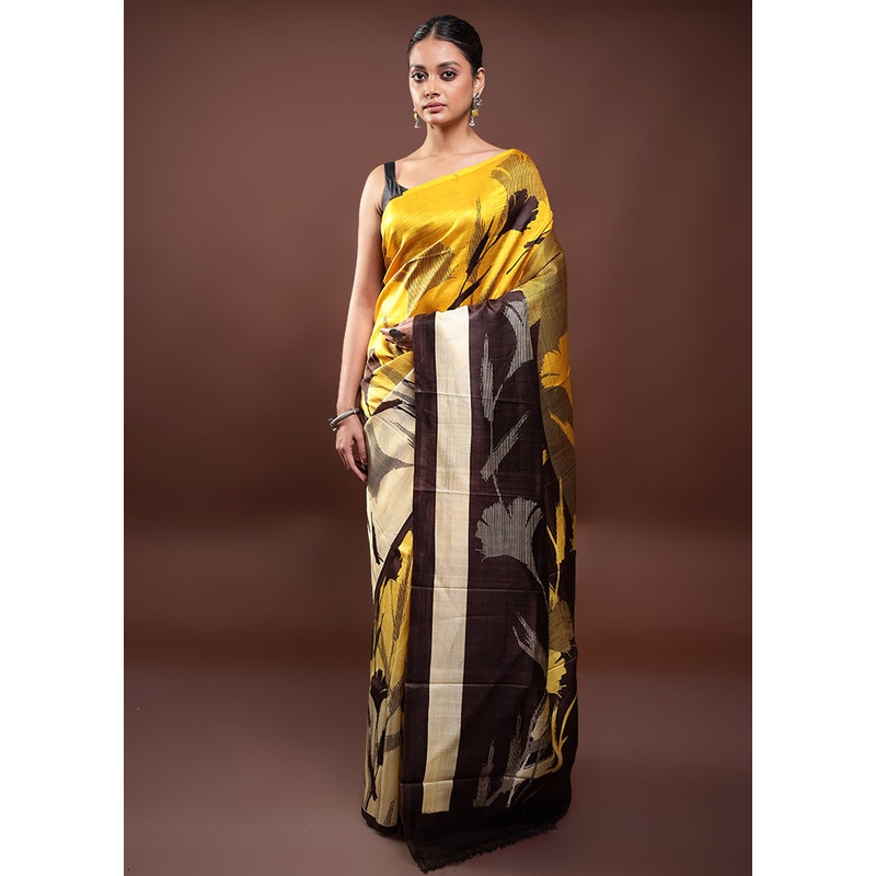 Yellow Printed Pure Silk Saree Without Blouse Piece - JD986597982