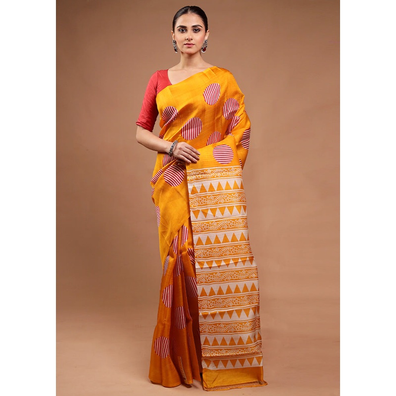 Yellow Printed Pure Silk Saree Without Blouse Piece - JD986598111
