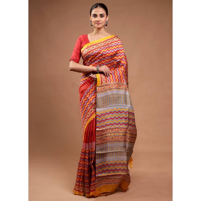 Yellow Printed Pure Silk Saree Without Blouse Piece - JD986598112