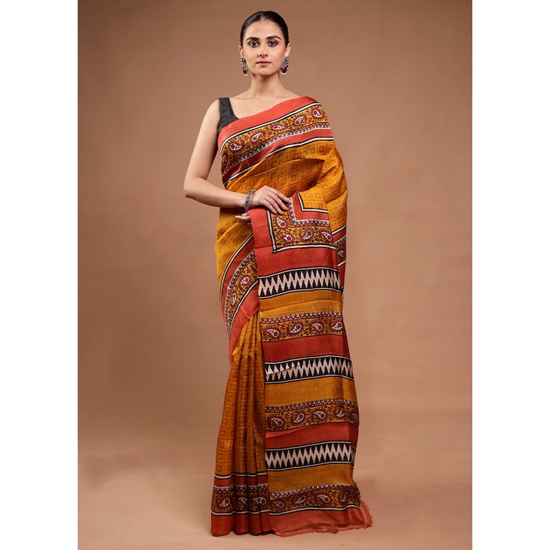 Yellow Printed Pure Silk Saree Without Blouse Piece - JD986598113