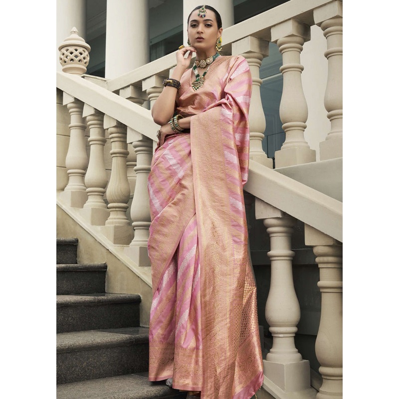Baby Pink Banarasi Silk Saree With Blouse Piece - JD986597872