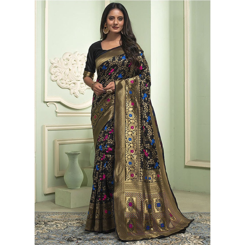 Black Banarasi Silk Saree With Blouse Piece - JD986597869