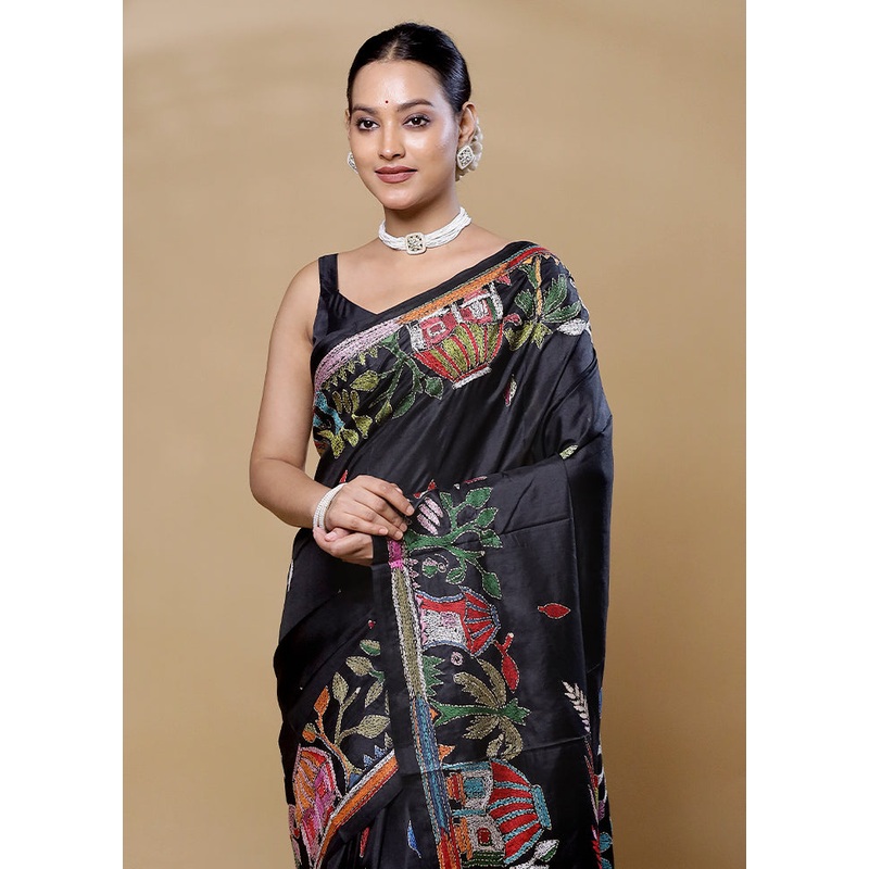 Black Handloom Kantha Stitch Pure Silk Saree With Blouse Piece - JD986597909