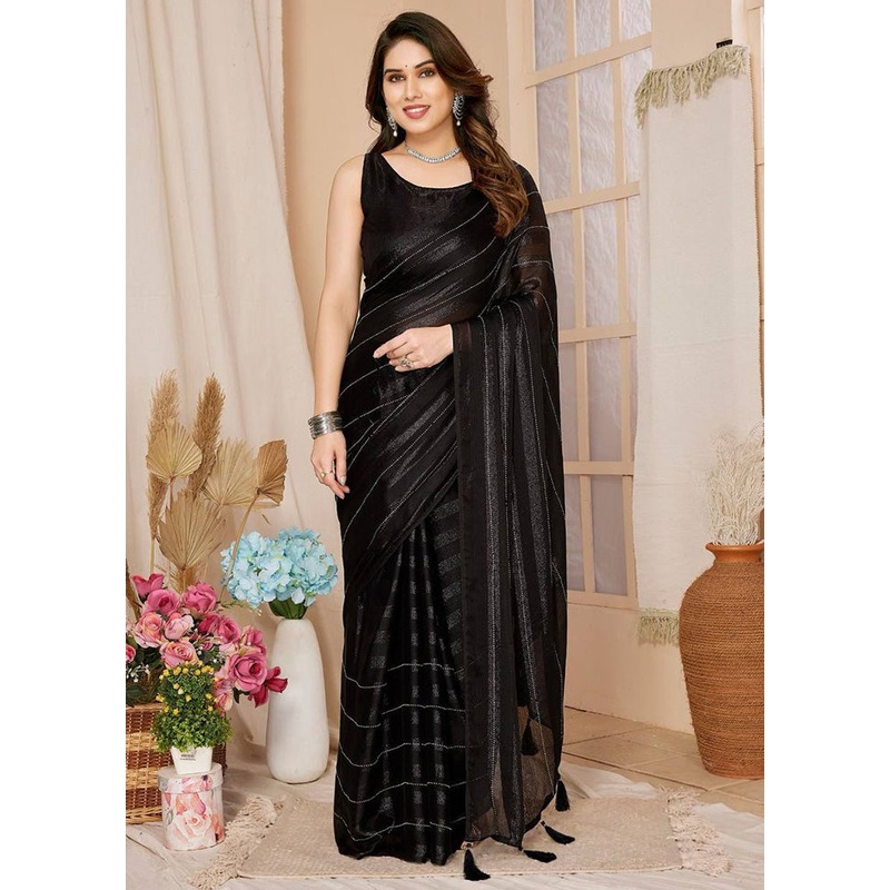 Black Spun Silk Saree With Blouse Piece - JD986597866