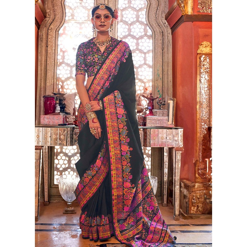 Black Spun Silk Saree With Blouse Piece - JD986597867