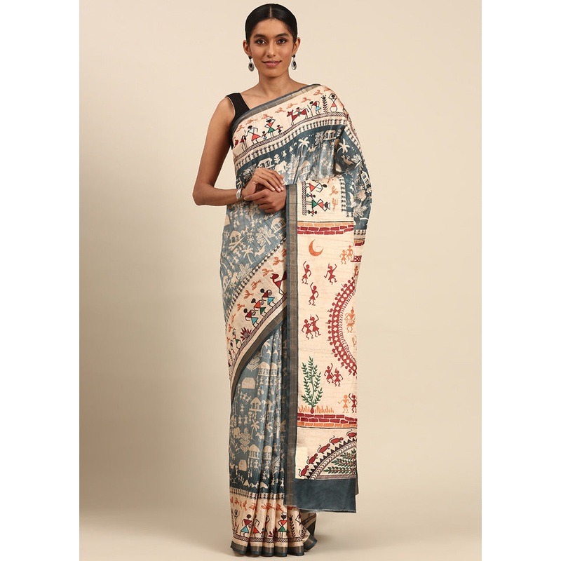 Blue Cotton Saree With Blouse Piece - JD986597927