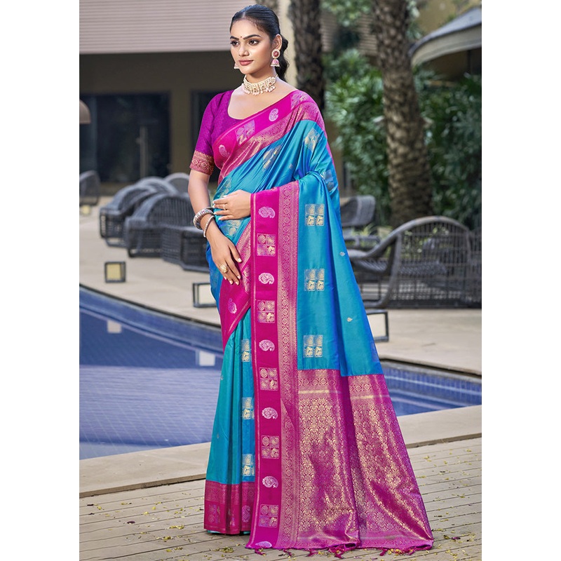 Blue Spun Silk Saree With Blouse Piece - JD986597900