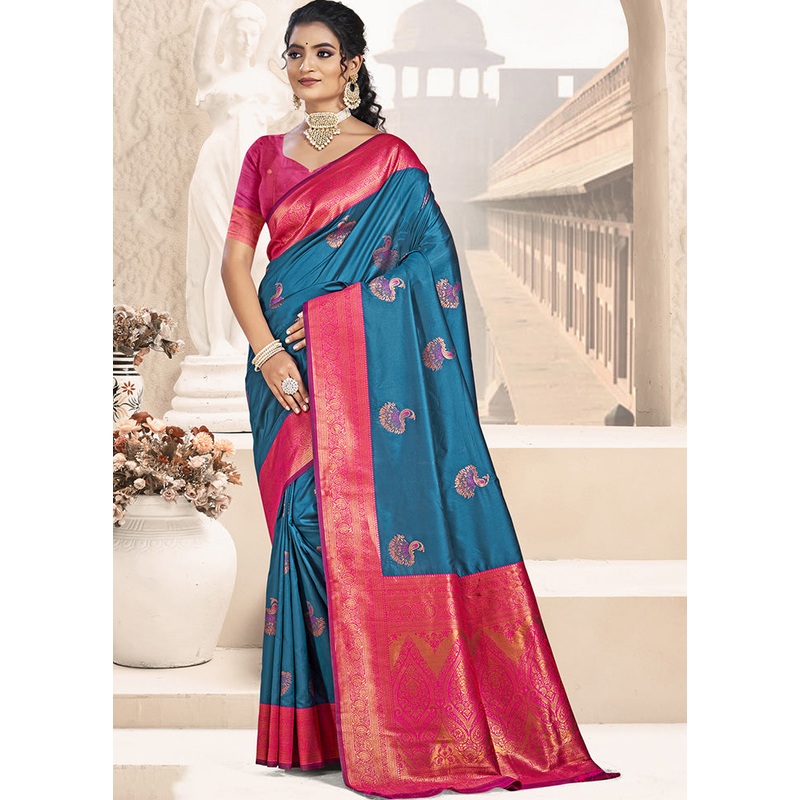 Blue Spun Silk Saree With Blouse Piece - JD986597901