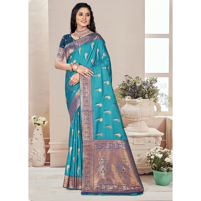 Blue Spun Silk Saree With Blouse Piece - JD986597902