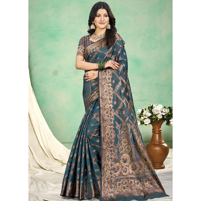 Blue Spun Silk Saree With Blouse Piece - JD986597903