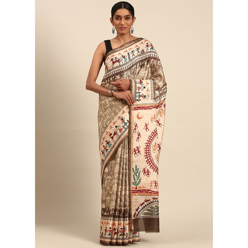Coffee Cotton Saree With Blouse Piece - JD986597924