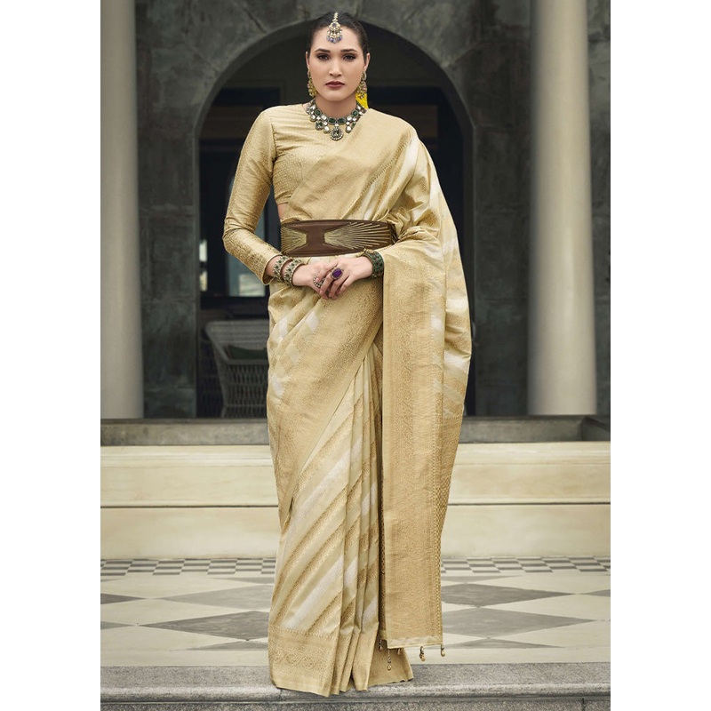 Cream Banarasi Silk Saree With Blouse Piece - JD986597863