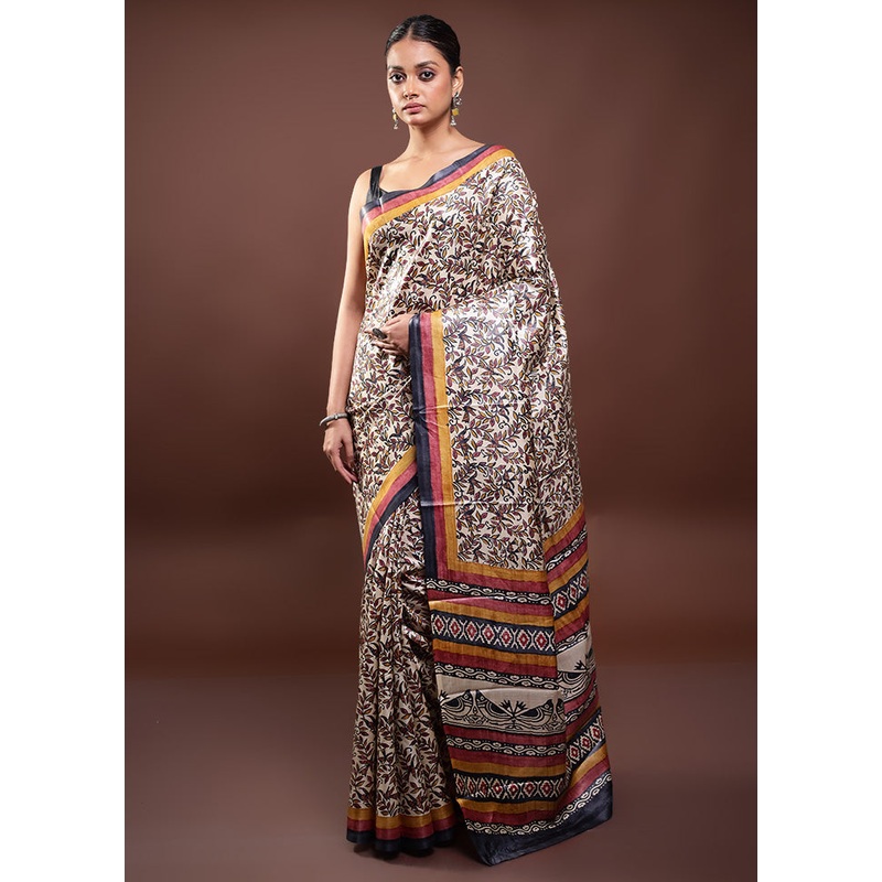 Cream Handloom Tussar Pure Silk Saree With Blouse Piece - JD986597915