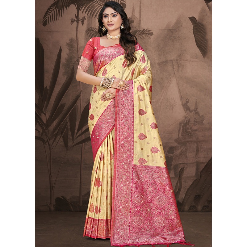 Cream Spun Silk Saree With Blouse Piece - JD986597856