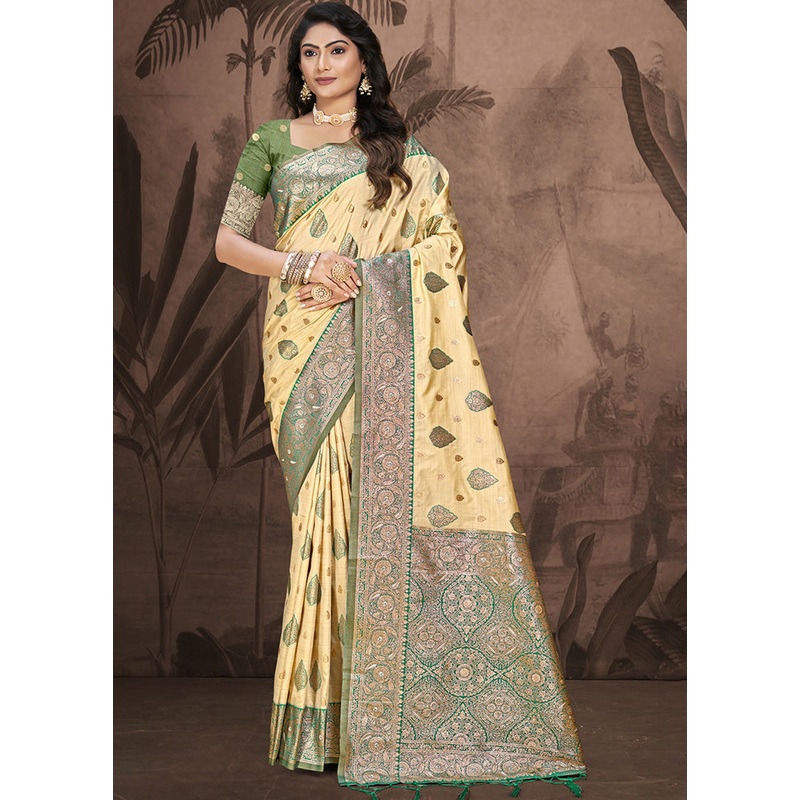 Cream Spun Silk Saree With Blouse Piece - JD986597857