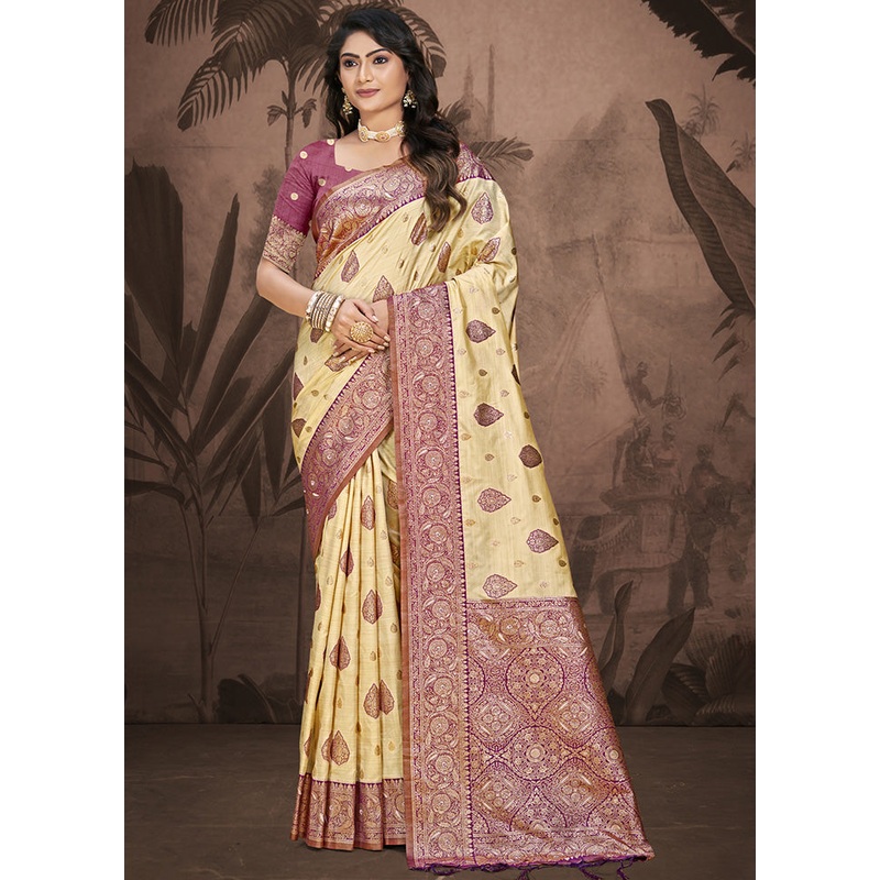 Cream Spun Silk Saree With Blouse Piece - JD986597858